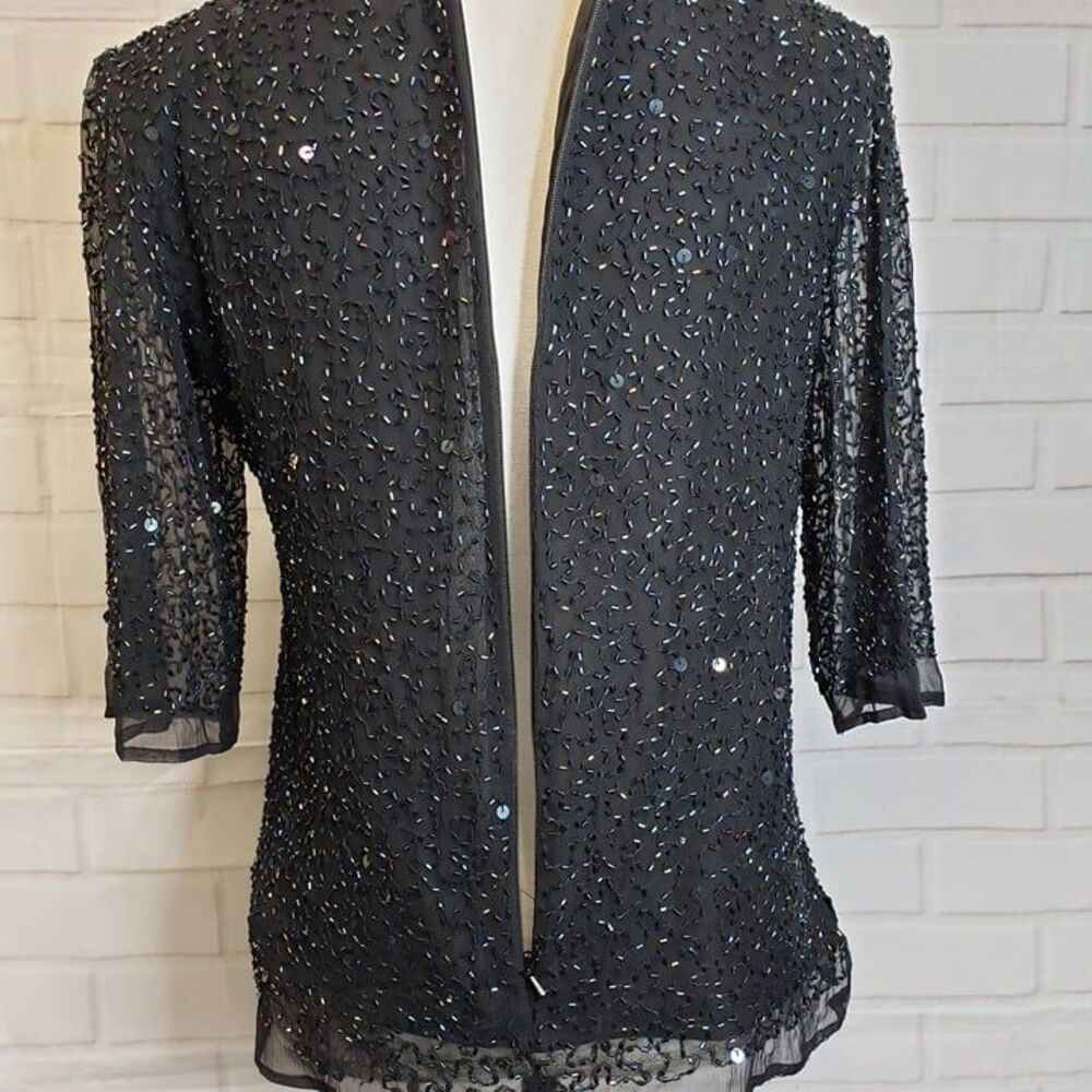 Vintage 80s 90s Pure Silk Beaded Top Black Iridescent Sequin Whimsygoth Blouse - Picture 7 of 8